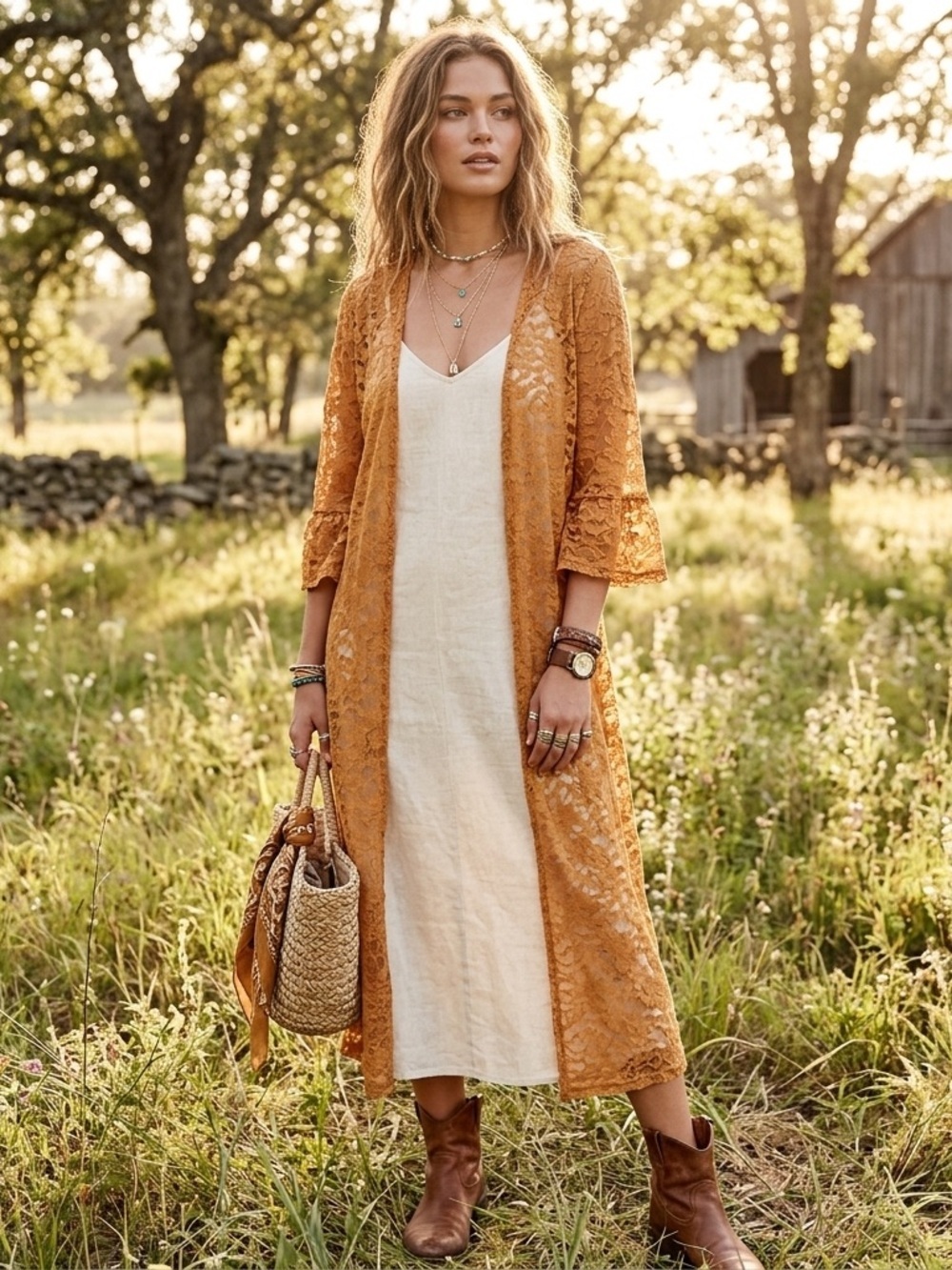 Honey & Lace sz XS Camel Tan 3/4 Sleeves Sheer Lace Boho Duster Cardigan USA